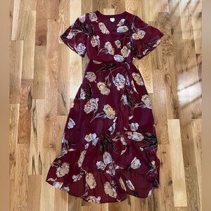 Burgundy floral faux wrap high low dress size small